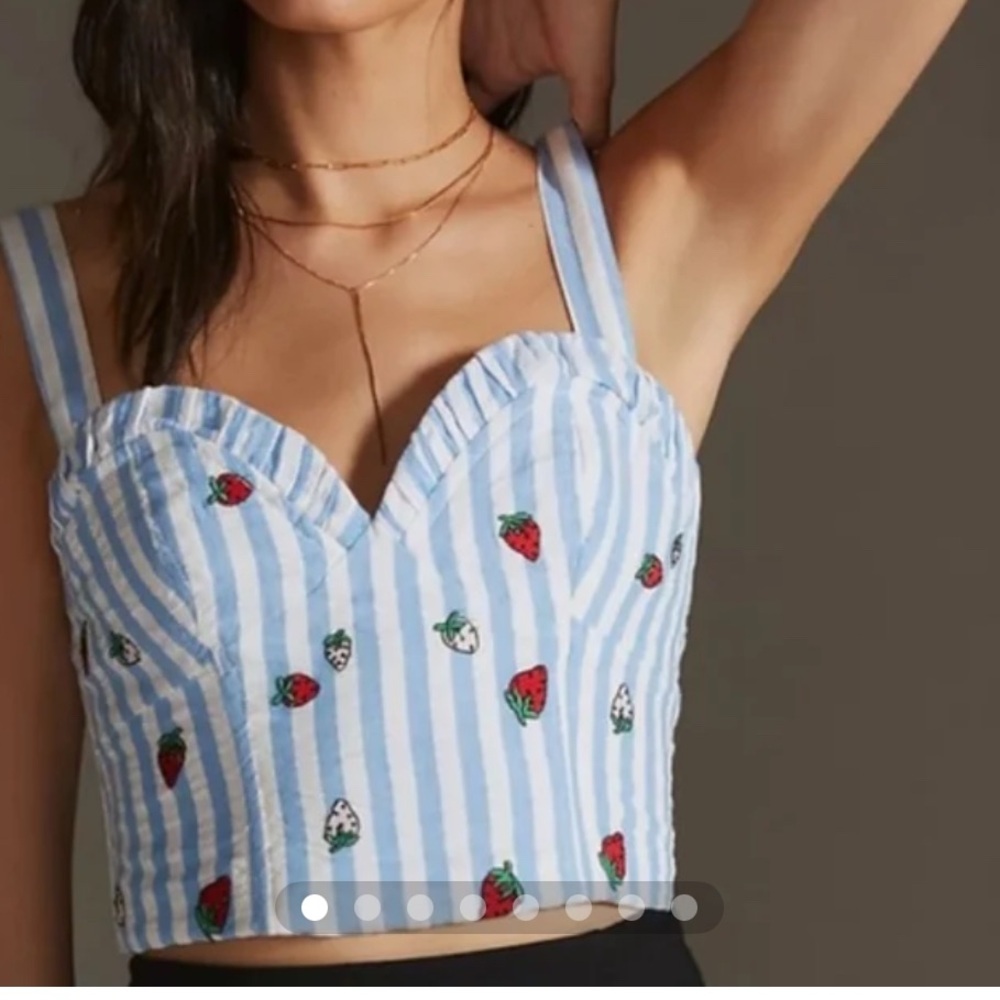 Anthropologie Blue and White Ruffled Crop Tank Top Strawberry